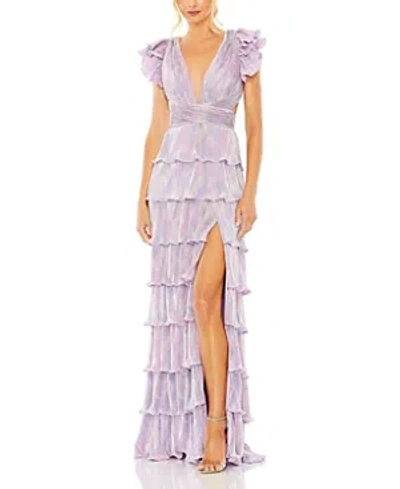 Mac Duggal Ruffle Tiered Criss Cross Lace Up Gown In Purple Multi