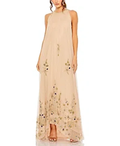 Shop Mac Duggal High Neck Floral Embellished Trapeze Gown In Nude Gold