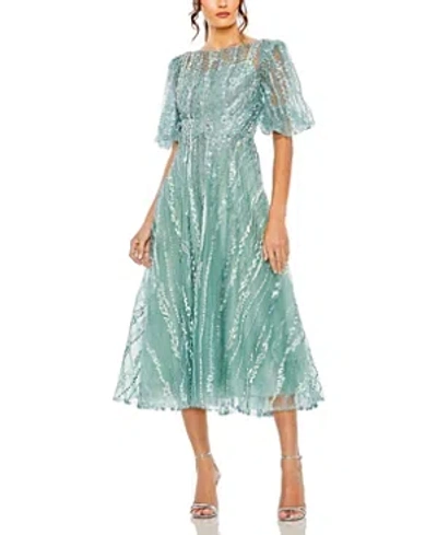 Shop Mac Duggal High Neck Puff Sleeve Embellished A Line Dress In Seafoam
