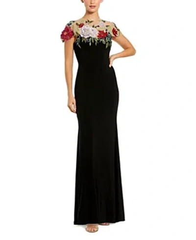 Mac Duggal Embroidered Floral Detail A-line Gown In Black Multi