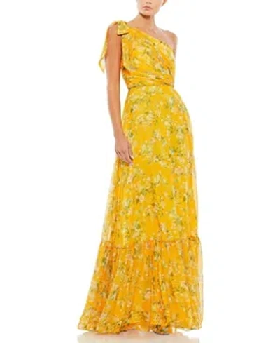 Shop Mac Duggal Floral One Shoulder Bow Maxi Dress In Yellow Multi
