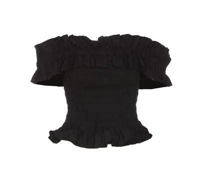 Shop Ganni Off-shoulder Smocked Top In Black