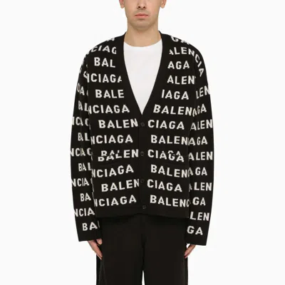 Shop Balenciaga Allover And White Logo Cardigan In Black