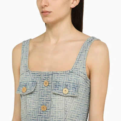 Shop Balmain Light Denim Mini Dress With Monogram In Blue