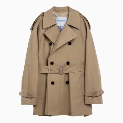 Shop Burberry Short Double-breasted Beige Trench Coat With Belt In Brown