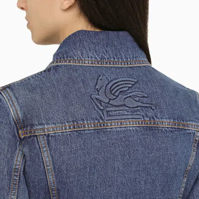 Shop Etro Grey Denim Cropped Jacket In Blue