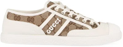 Gucci Beige And White Skeakers With Logo Detail In Gg Supreme Canvas Woman In Animal Print