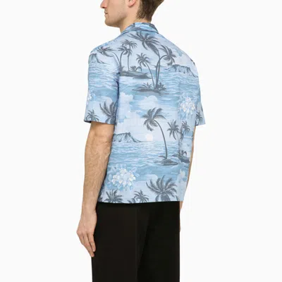 Shop Palm Angels Bowling Shirt With Sunset Print In In Blue