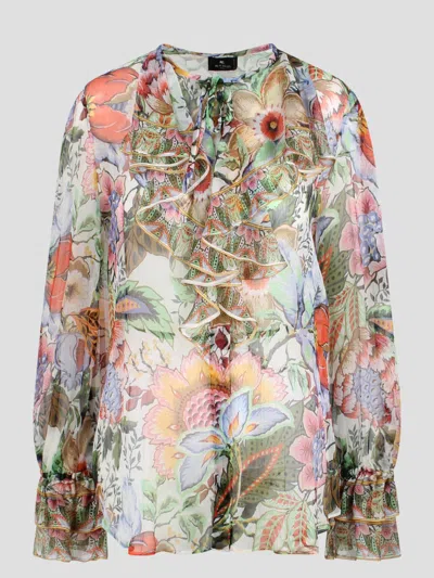 Shop Etro Ruching Printed Silk Shirt In Multicolour