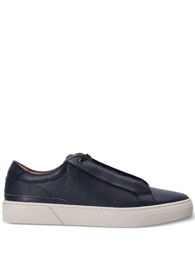 Shop Hugo Boss Blue Grained Leather Sneakers With Logo Tag On Laces