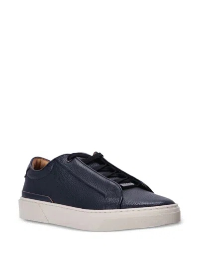 Shop Hugo Boss Blue Grained Leather Sneakers With Logo Tag On Laces