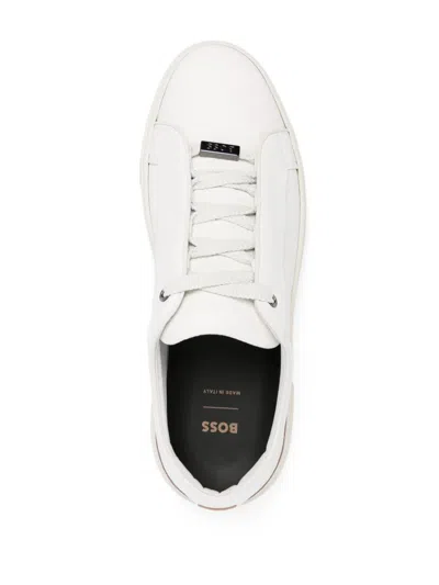 Shop Hugo Boss White Grained Leather Sneakers With Logo Tag On Laces