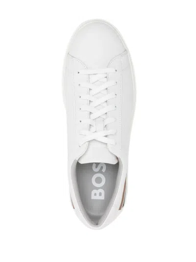 Shop Hugo Boss White Leather Sneakers With Preformed Sole, Logo And Typical Brand Stripes