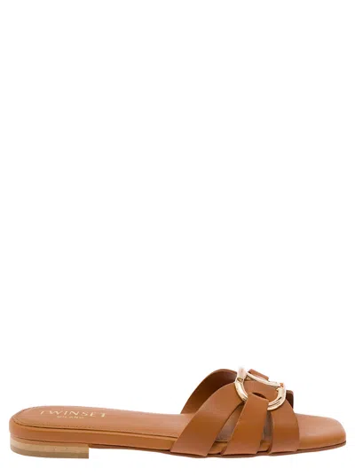 Shop Twinset Brown Mules With Oval T Logo In Leather Woman