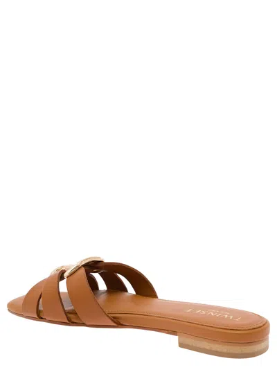 Shop Twinset Brown Mules With Oval T Logo In Leather Woman