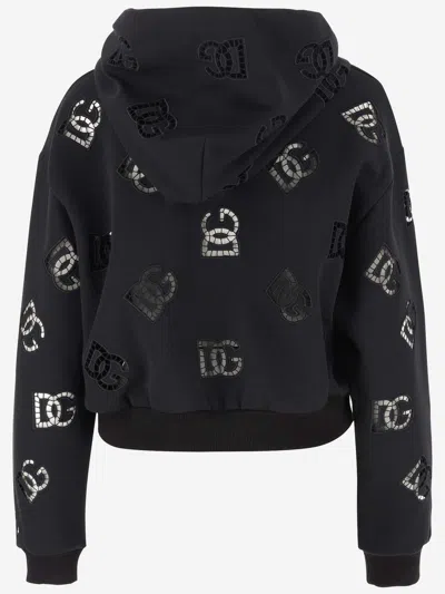 Shop Dolce & Gabbana Logo Cotton Blend Crop Hoodie In Black