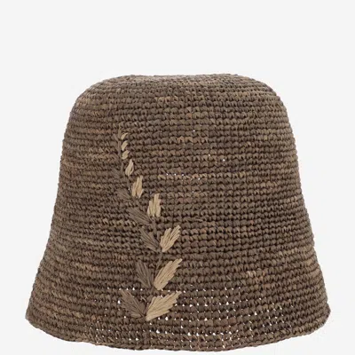 Shop Ibeliv Raffia Hat With Floral Pattern In Brown