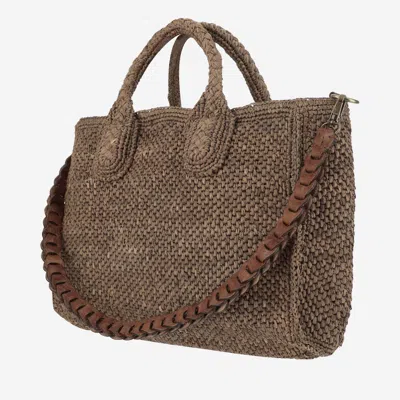 Shop Ibeliv Raffia Bag With Leather Details In Dark Tea