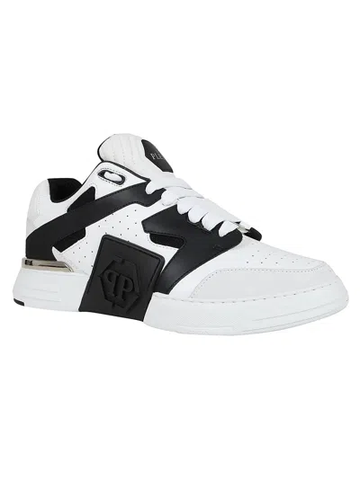 Shop Philipp Plein Mix Leather Lo-top Sneakers In White Black