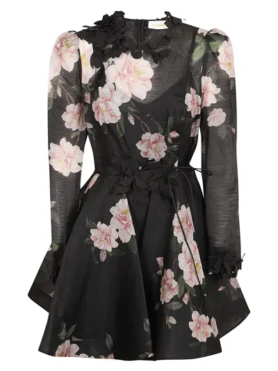 Shop Zimmermann Natura Liftoff Mini Dress In Blkcam Black Camellia