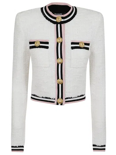 Shop Balmain Buttoned Rnd Collar Maze Monogram Jacket In Gqw Blanc Noir Blanc Rose