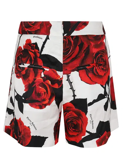 Shop Balmain Hw Red Roses Print Satin Shorts In Gqx Blanc Rouge Fonce Noir