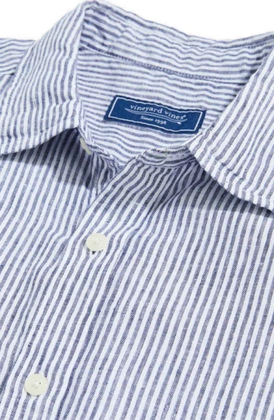 Shop Vineyard Vines Stripe Linen Short Sleeve Button-up Shirt In Nautical Navy Stp