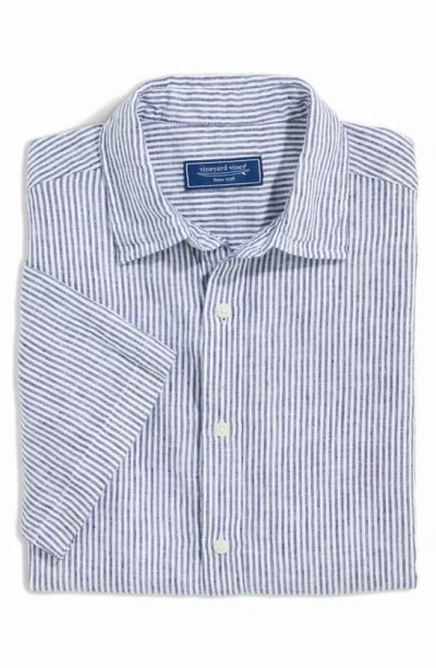 Shop Vineyard Vines Stripe Linen Short Sleeve Button-up Shirt In Nautical Navy Stp