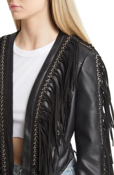 Azalea Wang Fringe & Rivet Detail Faux Leather Jacket In Black