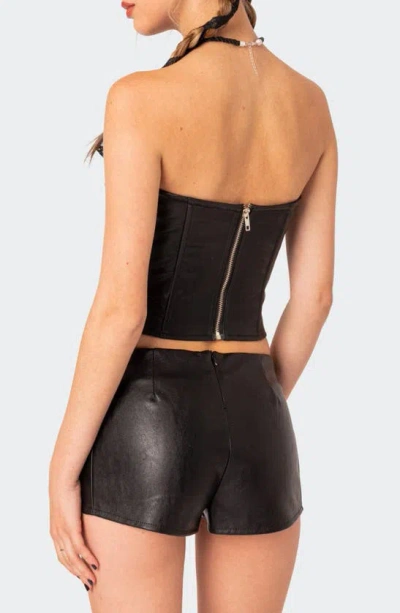 Edikted Wilde Faux Leather Lace-up Strapless Corset Top In Black