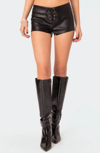 Shop Edikted Wilde Lace Up Faux Leather Shorts In Black