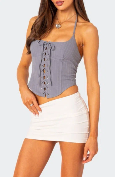 Shop Edikted Pinstripe Lace-up Halter Corset In Gray