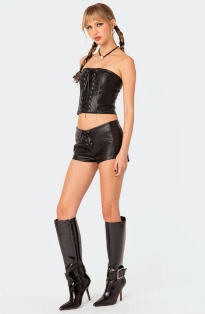 Edikted Wilde Faux Leather Lace-up Strapless Corset Top In Black