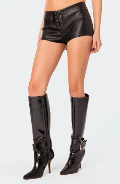 Edikted Wilde Lace Up Faux Leather Shorts In Black