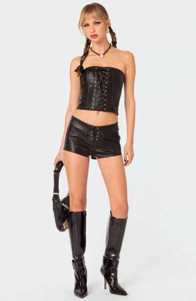 Shop Edikted Wilde Faux Leather Lace-up Strapless Corset Top In Black