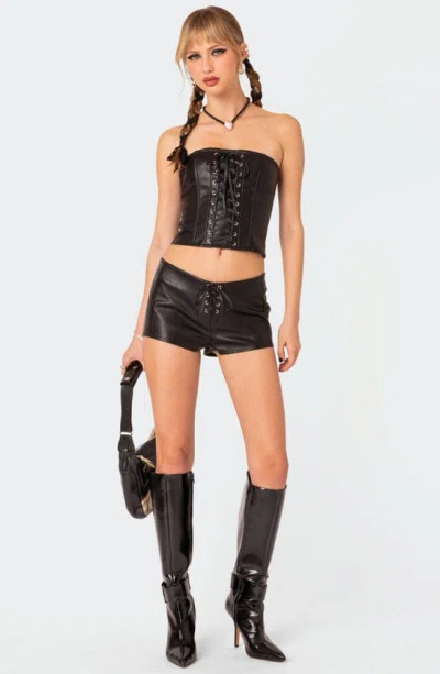 Edikted Wilde Lace Up Faux Leather Shorts In Black
