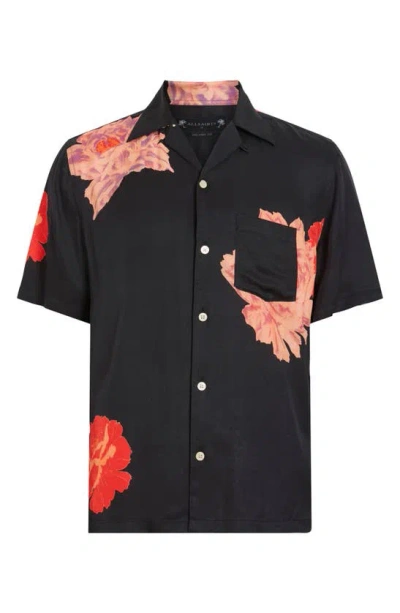 Shop Allsaints Roze Floral Short Sleeve Camp Shirt In Jet Black