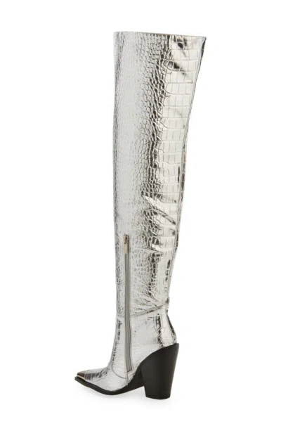 Azalea Wang Grissel Croc Embossed Water Resistant Western Boot In Silver