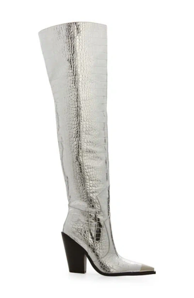 Azalea Wang Grissel Croc Embossed Water Resistant Western Boot In Silver