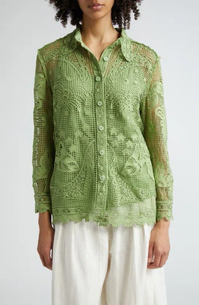 Shop Farm Rio Guipure Lace Button-up Shirt In Green