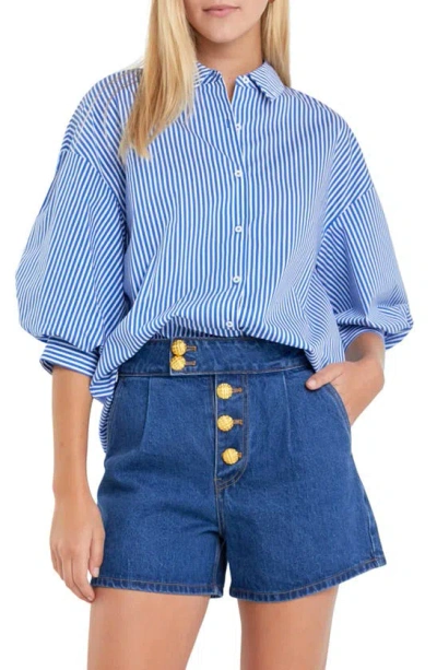 English Factory Stripe Balloon Sleeve Shirt In Blue