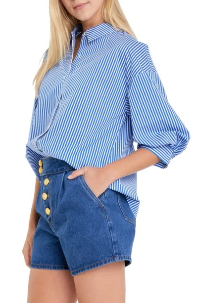 English Factory Stripe Balloon Sleeve Shirt In Blue
