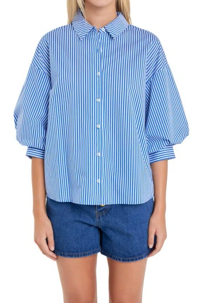 English Factory Stripe Balloon Sleeve Shirt In Blue