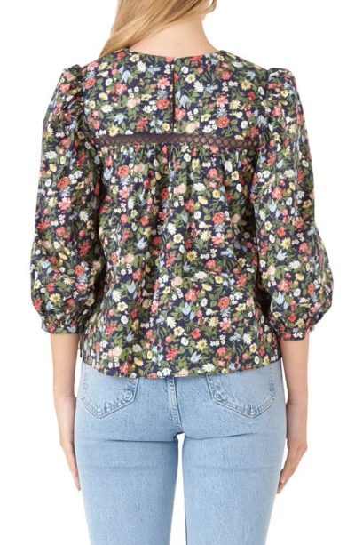 Shop English Factory Floral Pintuck Detail Cotton Popover Top In Navy