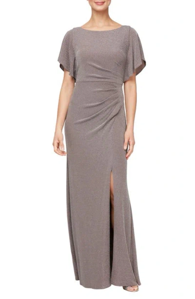 Shop Alex Evenings Shimmer Flutter Sleeve Gown In Rich Taupe
