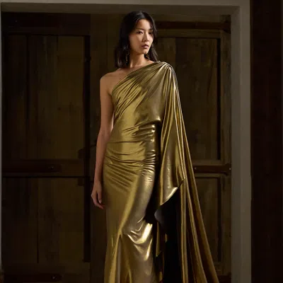 Shop Ralph Lauren Jackeline Foiled Georgette Evening Dress In Gold