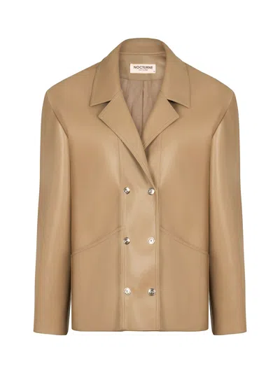 Shop Nocturne Double Breasted Leather Jacket In Beige
