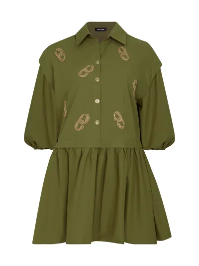 Shop Nocturne Embroidered Balloon Sleeve Dress In Green