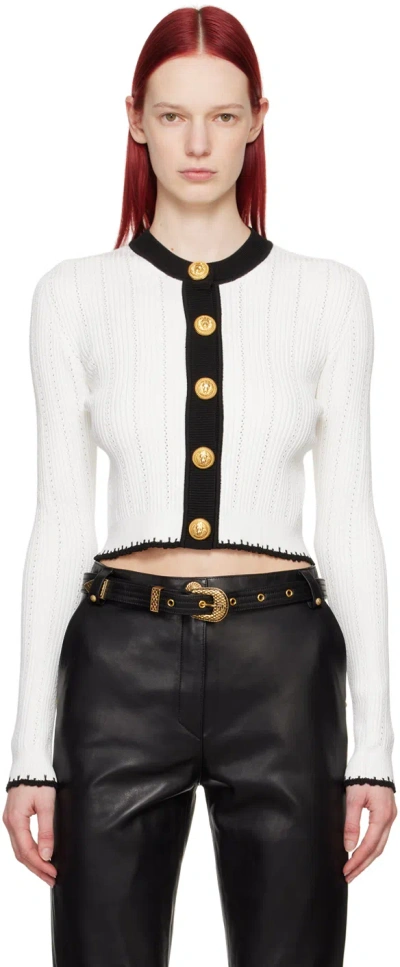 Shop Balmain White Crewneck Cardigan In Gab Blanc/noir