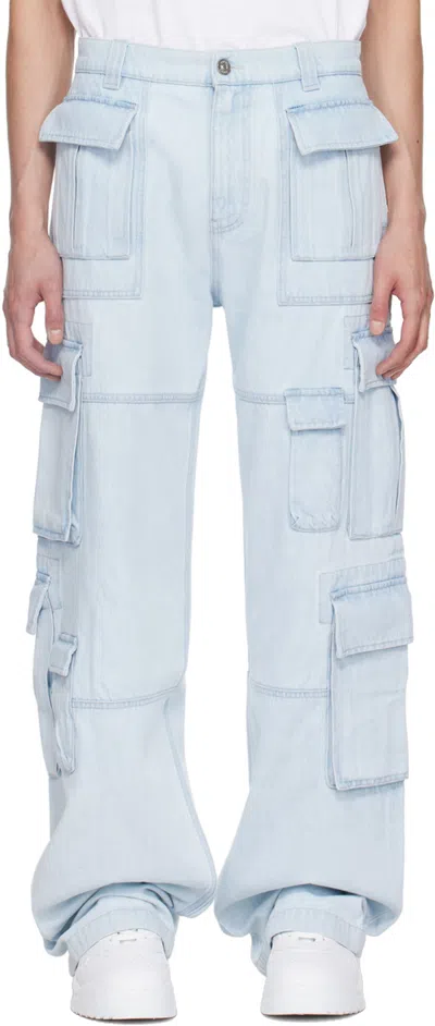Shop Versace Blue Paneled Denim Cargo Pants In 1d700-light Blue Ice